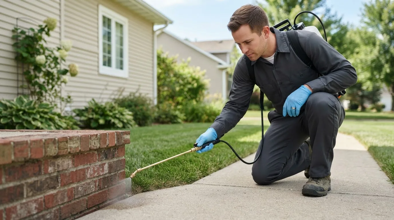 Pest control technician treating a home near Plush, OR