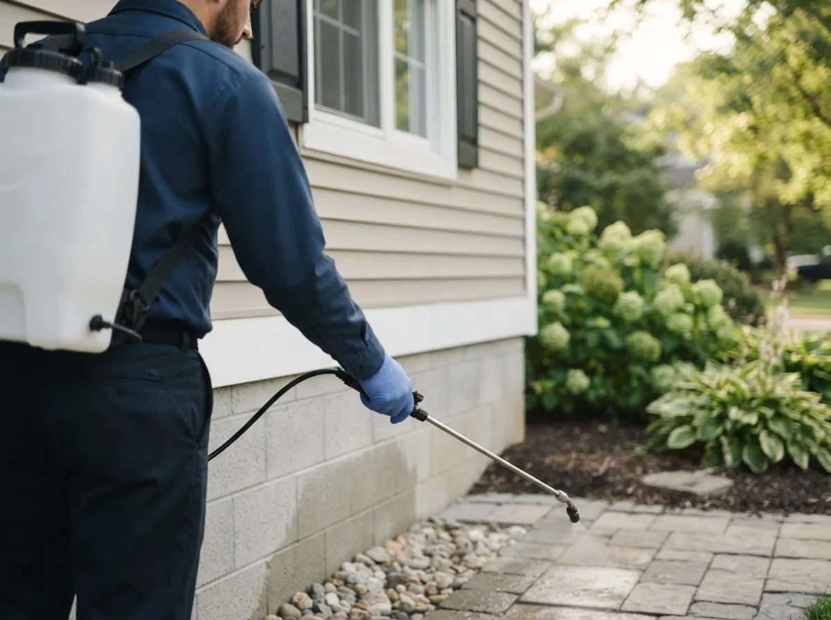 Pest control technician inspecting a home in Plush, OR